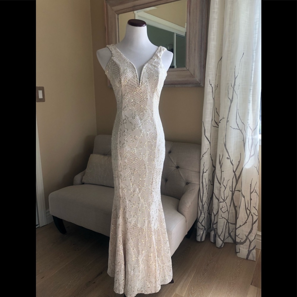 Cream and gold lace sequence formal / prom dress